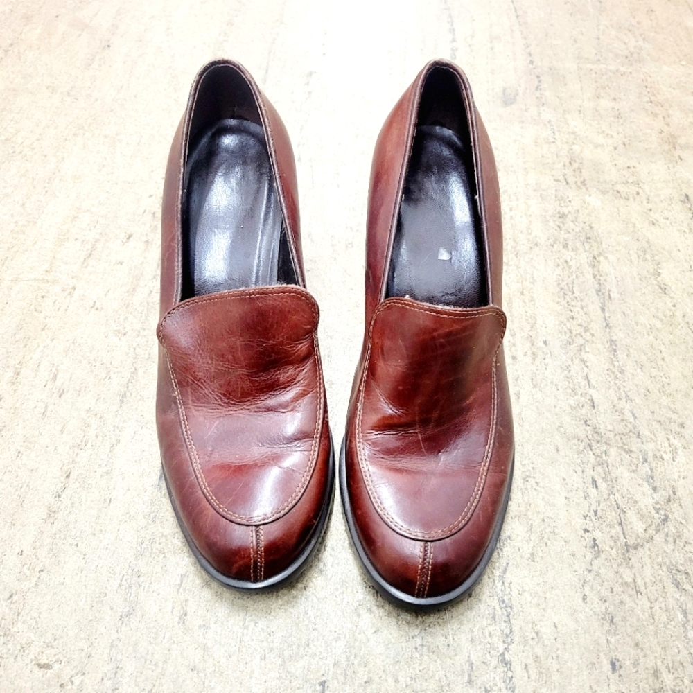 Genuine Leather Block Heel Loafers 7.5
